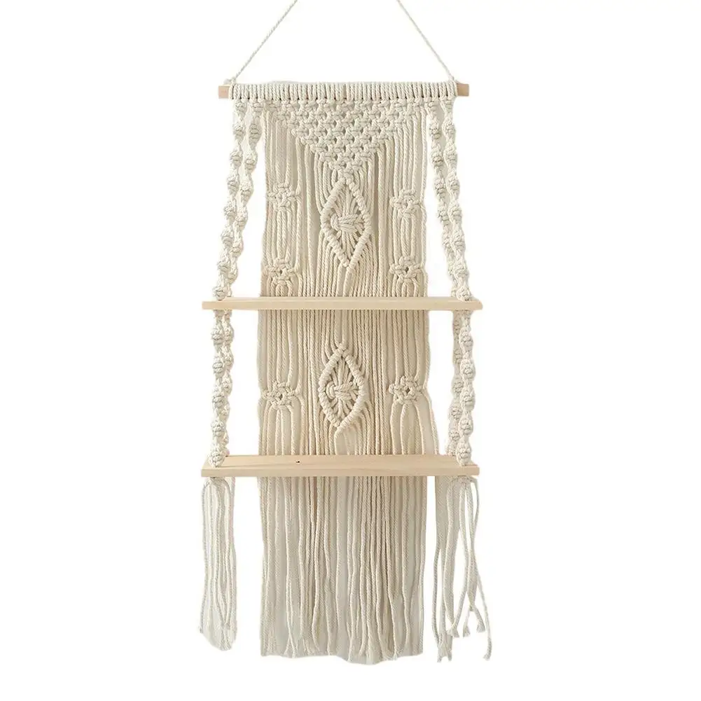 

Macrame Shelf 2 Tier Woven Tapestry Shelf Handmade Boho Decorative Floating Shelves Bohemian Wall-mounted Storage Shelves For
