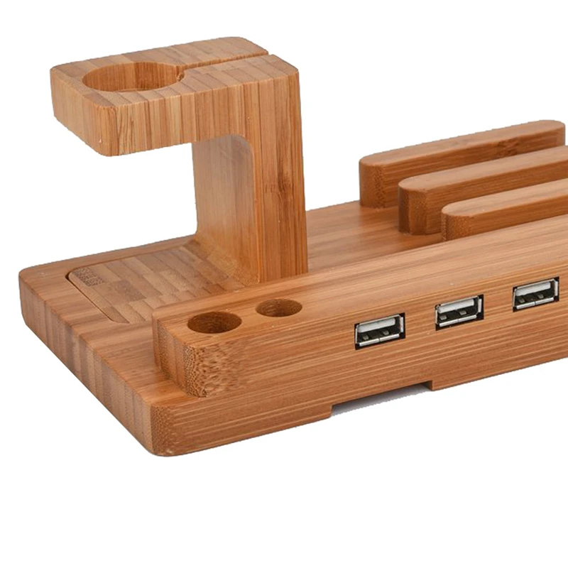Зарядная станция с несколькими USB портами док из бамбукового дерева 4 подставка