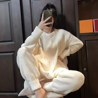 pajamas sets for women round neck casual coral fleece pyjamas suit 2piece set long sleeved trousers home clothes homewear