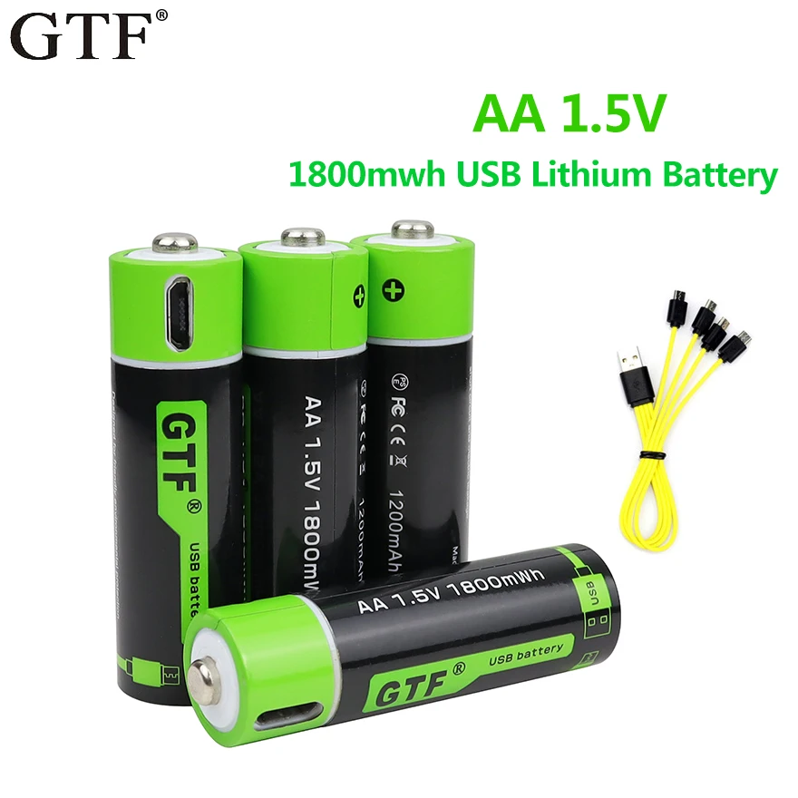 

New gtf aa refillable usb li-ion battery 1.5v aa 1800mwh lithium polymer battery for remote wireless mouse keyboard