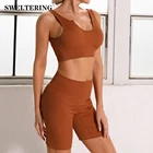 Женский спортивный костюм из двух предметов, бесшовный пикантный спортивный костюм в полоску с U-образным вырезом, спортивный бюстгальтер + шорты, костюм для йоги, одежда для фитнеса