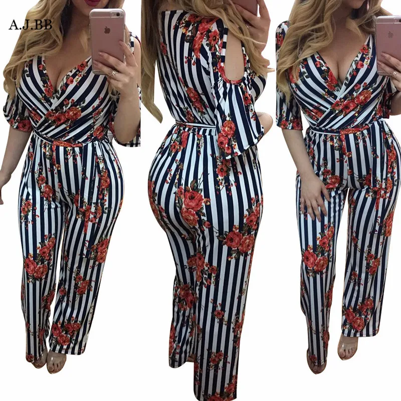 

European and American sexy stripe printed Jumpsuit fashion slim deep V-neck short sleeve women's top pants