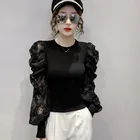 Женская блузка в европейском стиле, кружевной топ с рукавами-фонариками и отстрочкой, новинка, облегающие Женские топы с длинным рукавом, LL229, весна-осень