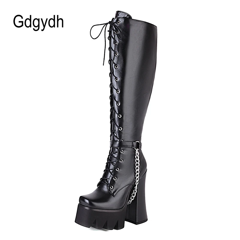 

Gdgydh New Arrival 15CM Wild High Heel Women's Boots Gothic Chain Winter Women Knee High Boots Platform Thick Bottom Plus Size