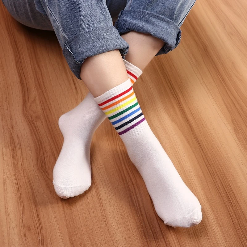 

2021 Fashion Women's Socks Cotton Rainbow Stripes Christmas Gift Classic Warm Casual Tide Harajuku Funny Cute Pop Korean Socks