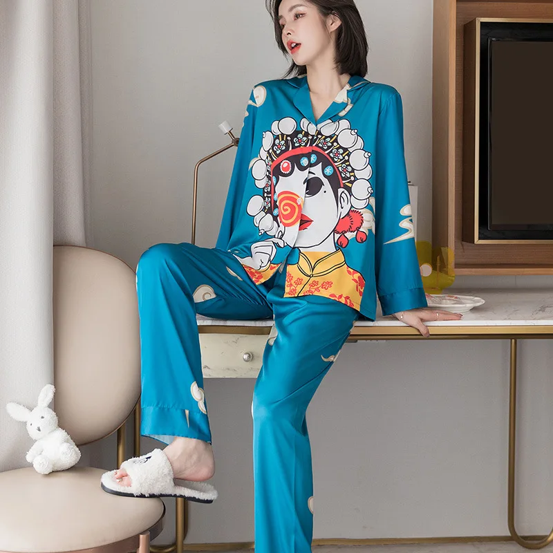

Pajama Set Womens Pajamas Polyester silk Sleepwear Home Clothing Female Nightgown Suit Mujer Pajama