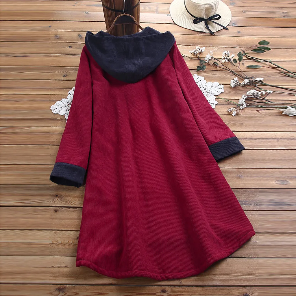 Женское вельветовое пальто с длинным рукавом нашивкой капюшоном|Женские куртки|