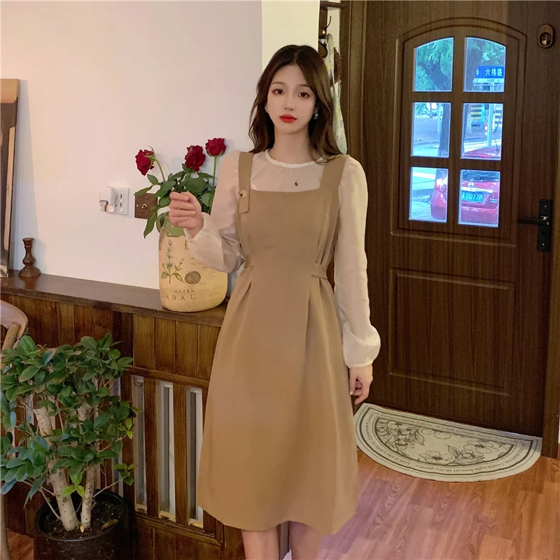 

Autumn New Round Neck Shirt + Waist Slit Suspender Dress Two-piece Plus Size Lace Up