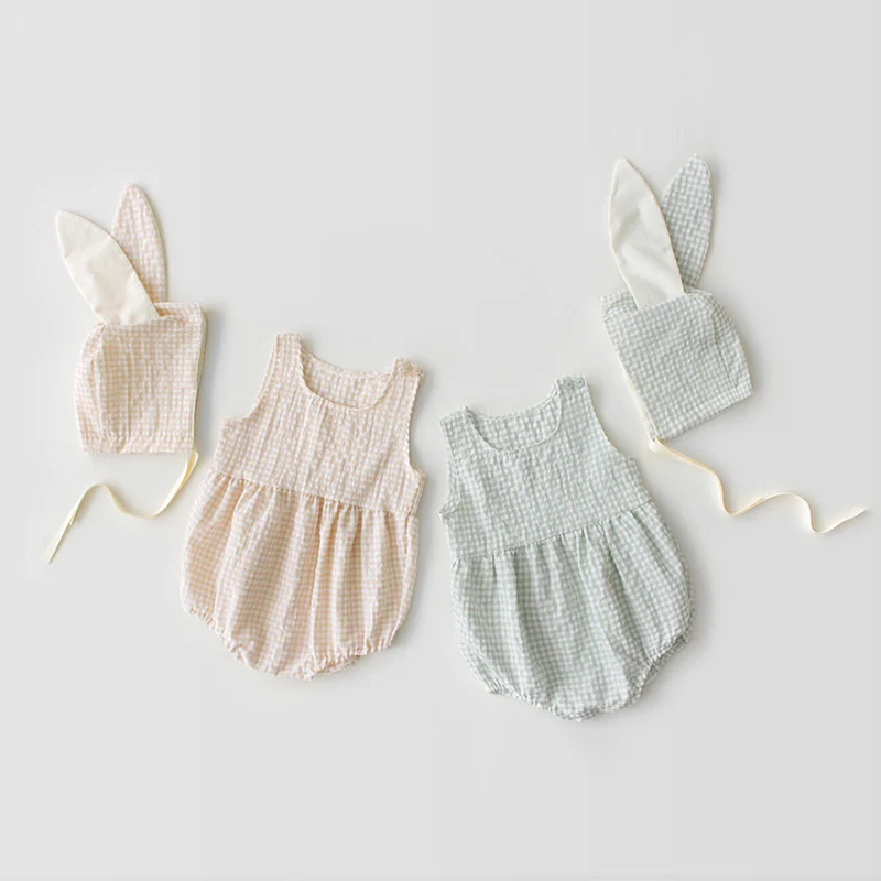 

Комбинезоны + шапка для новорожденных девочек, комплект из 2 предметов, клетчатые комбинезоны без рукавов + шапки, летняя эксклюзивная Одежд...