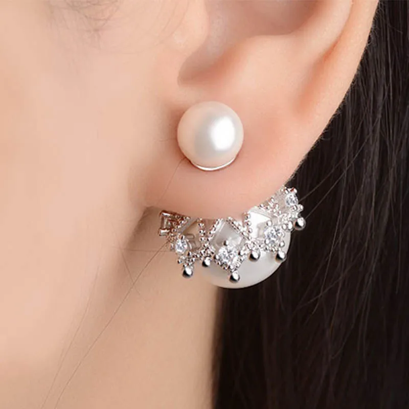 Винтажные Модные Серебристые серьги гвоздики с двойным жемчугом из циркония для