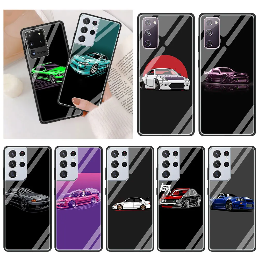 

Cartoon JDM Drift Car Cat Case for Samsung Galaxy S20 FE S21 S20 Ultra S10E S10 Lite S9 S8 Plus Tempered Glass Soft Edge Shell