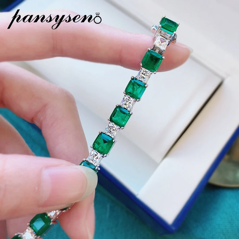 PANSYSEN Vintage Solid 925 Sterling Silver 7MM Emerald Simulated Moissanite Diamond Charm Women Bracelet Fine Jewelry Wholesale