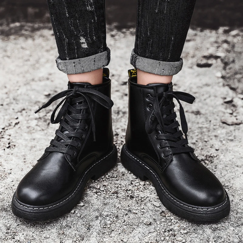 Boots Men Boots Leather Ankle Lace up military boots caterpillar Black Outdoor work fashion shoes