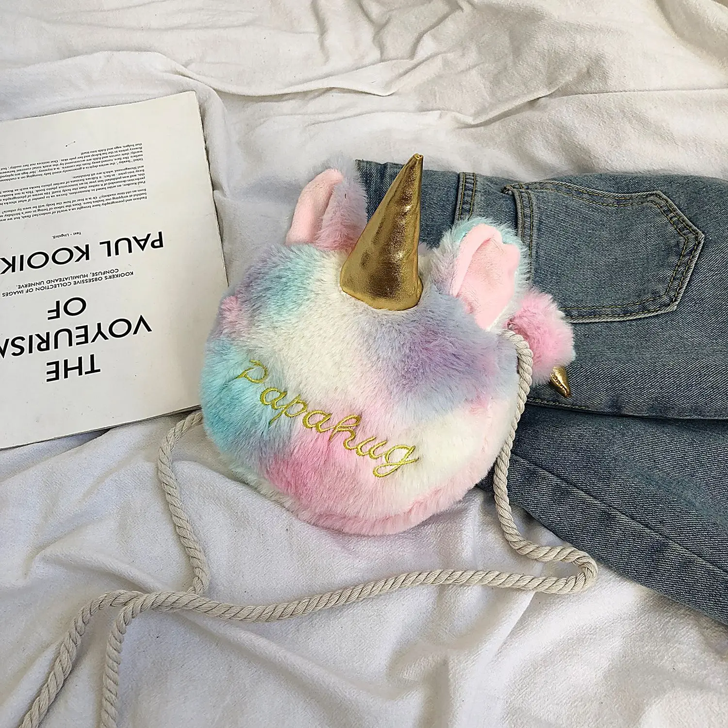 

Милая маленькая круглая сумка для женщин, мессенджер из плюша в виде единорога, животных, веревочная Сумочка через плечо, кошелек для ключей...