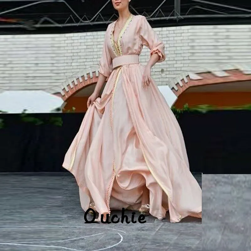 

Peach Moroccan Kaftan Evening Dresses Half Sleeve Appliques Sashes Arabic Muslim Special Occasion Formal Party Gown