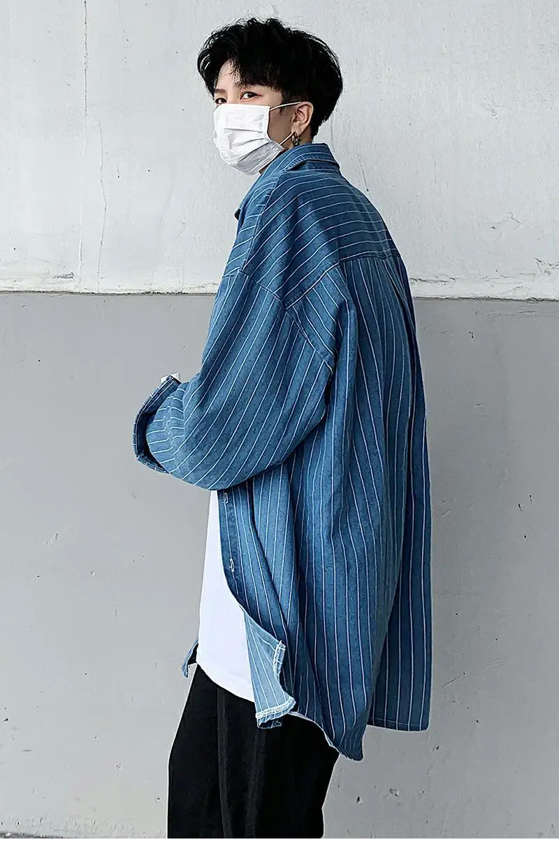

2020 Spring And Autumn New Youth Popular Striped Long-sleeved Denim Shirt Fashion Casual Loose Single-breasted Shirt Blue / Grey