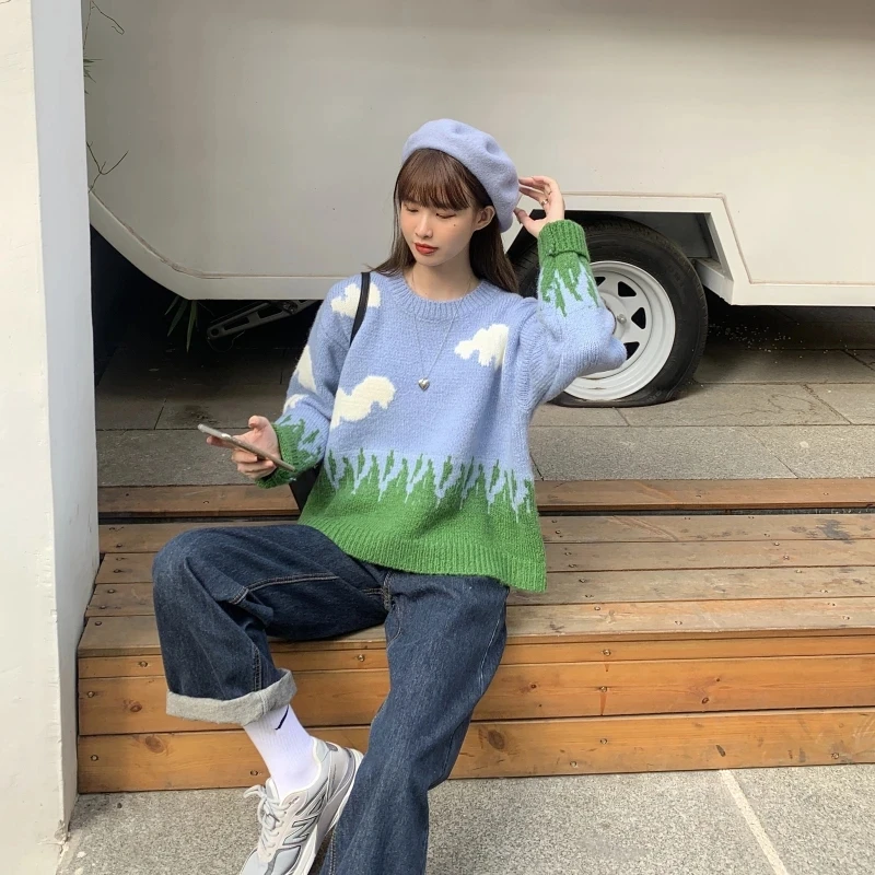 Женские свободные свитера оверсайз с круглым вырезом Повседневные вязаные