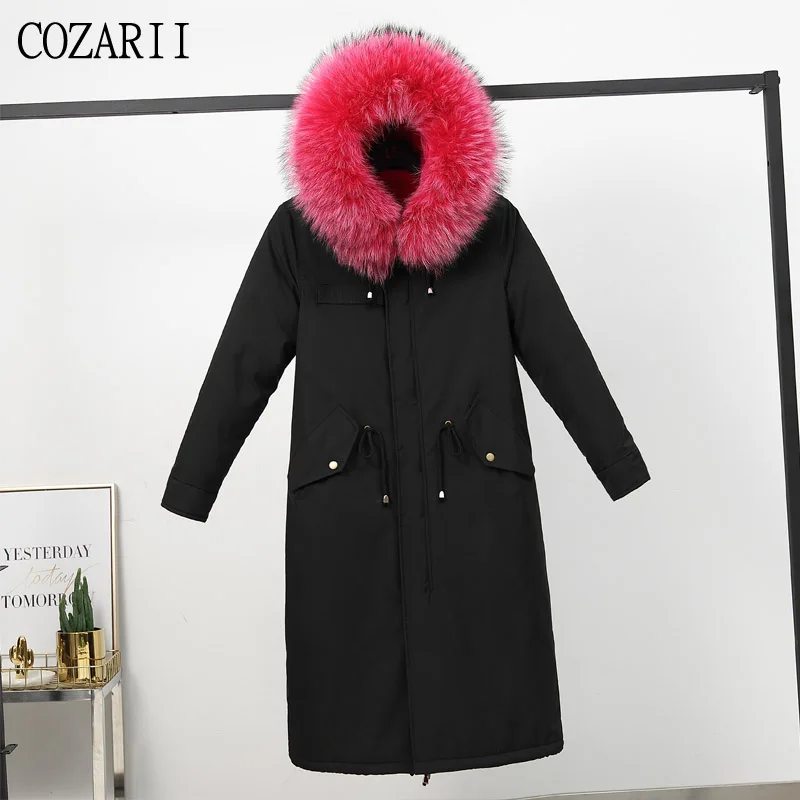 COZARII, новинка, модная однотонная парка с капюшоном, зимняя куртка для женщин, с карманами, на молнии, толстая, с большим меховым воротником, пальто, повседневная верхняя одежда, топы