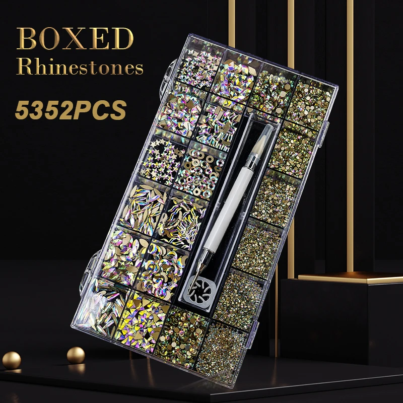 

5352PCS Manicure AB Nail Art Decorations Rhinestones 3D Glass Nail Rhinestone Crystal Diamond 21 Gird 1PCS Pick Up Pen