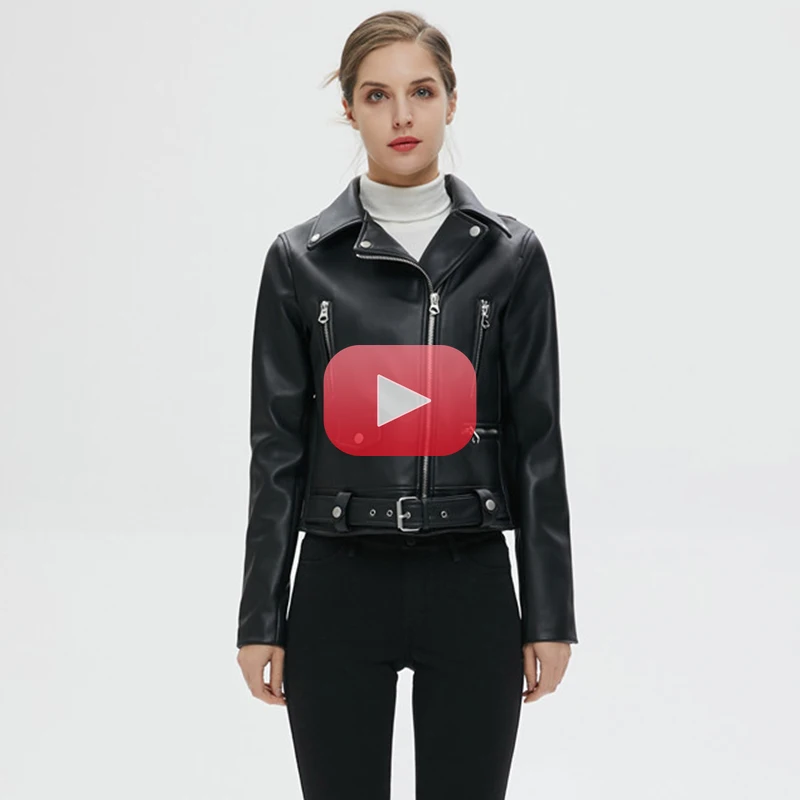 New Women Autumn Winter Black Faux Leather Jackets Zipper Basic Coat Turn-down Collar Motor Biker Jacket With Belt enlarge