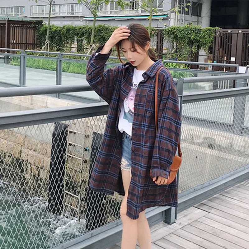 

Zadily 2021 Autumn Women Turn-down Collar Plaid Long Sleeve Shirt X-long Casual Shirts Single Breasted Blouse