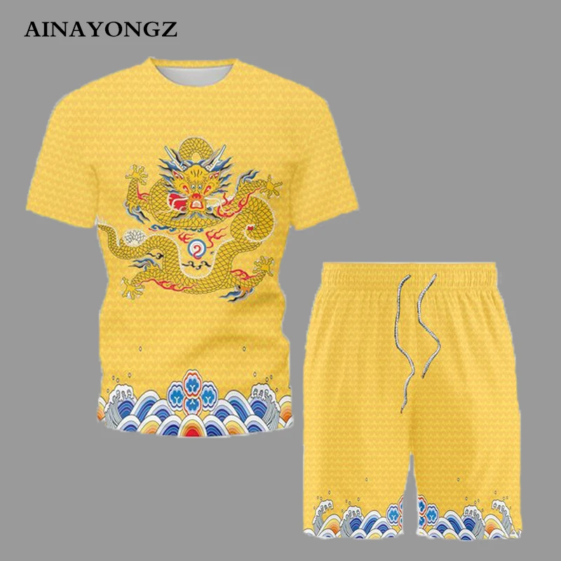 Chinese Style Male Set Summer Trendy Short Sleeve Suit Retro Dragon Robe Printed Casual Outfit T-Shirt and Shorts For Men 5XL