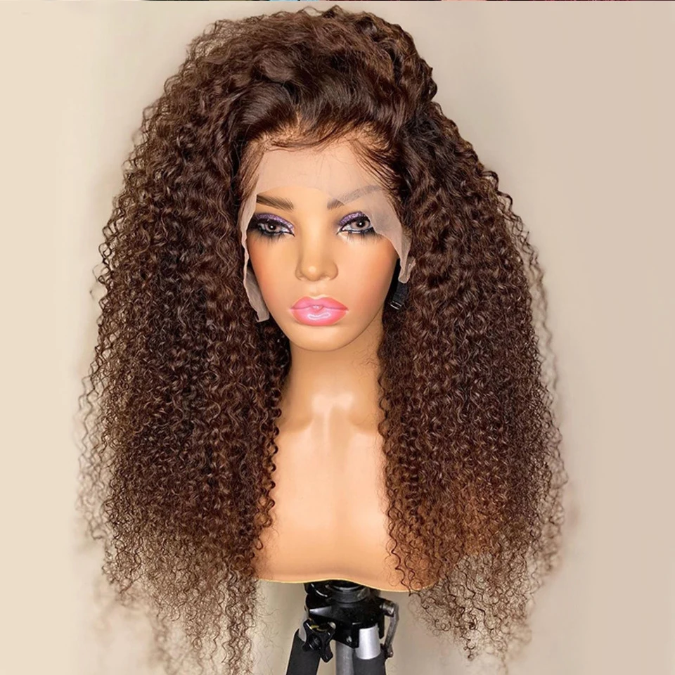 

26inch Brown Kinky Curly Lace Front Wig Synthetic For Black Women Middle Part Long Preplucked Heat Resistant Baby Hair Soft Wig