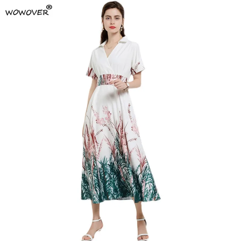 

Runway Fashion Print Sashes Long Maxi Summer Dresses for Women Clothing 2021 Designer Elegant Short Sleeve Holiday Aline Vestido