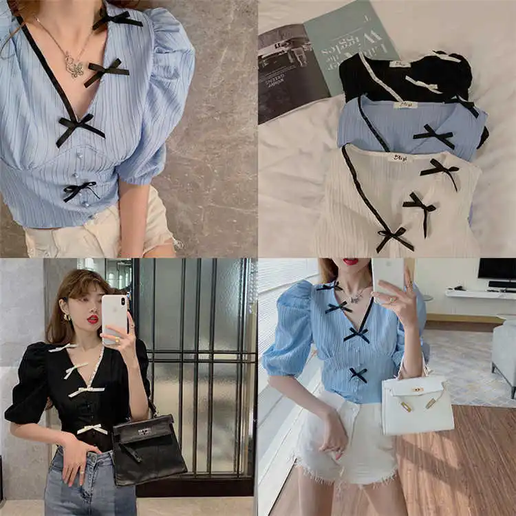 

French Style Cool Contrast Color Bow Shirt Women's V-neck Summer Puff Sleeve Temperament Shirt Short High-Grade Top