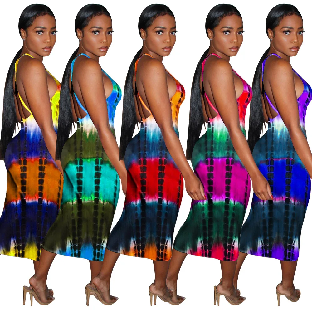 

Casual Women Print Tie Dye Dress Spaghetti Strap Women Sleeveless Streetwear Summer Clothes For Women Outfit