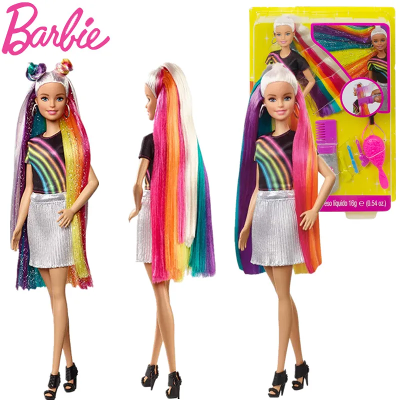 

Original Barbie Rainbow Glitter Hair Doll With Colorful 19cm Long Hair And Accessories Dolls Toys For Girls Gift FXN96