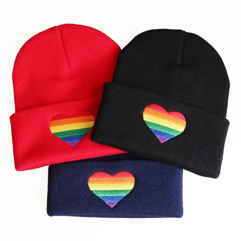 

Fashion Rainbow Love Heart Embroidery Knitted Hats Beanies Hats For Men Women Winter Warm Black Knit Cap Skullies Christmas Gift