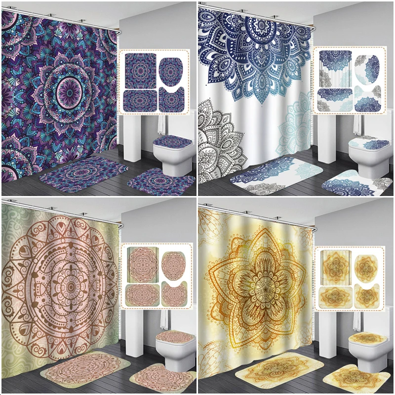 

Waterproof Curtains Bohemia Shower Curtain Set With Rug Bath Mat Bathroom Non Slip Carpet Durable Toilet Cover Bathtub Decor