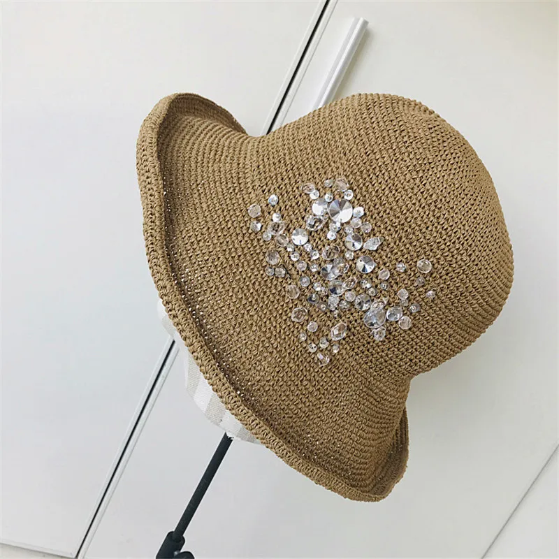

2021 Summer Elegant Senior Feeling Small Sweet Wind Restoring Ancient Ways Diamond Soft Straw Hat Basin Of Sunhat Bucket Hats