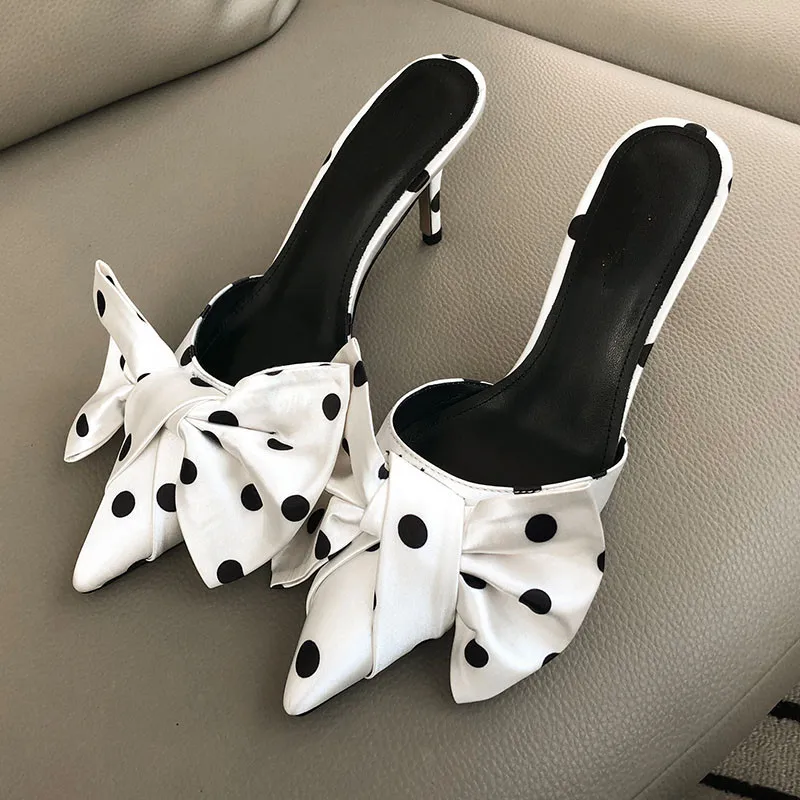 Шлепанцы женские с бантом роскошные сланцы высокий каблук пикантная кожаная