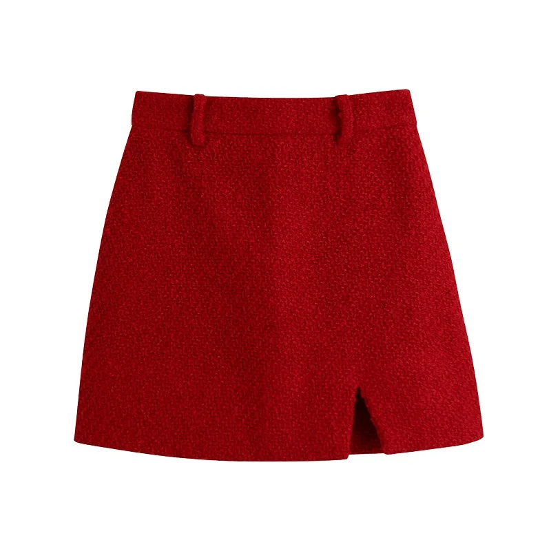 

TRAF Women 2021 Fashion With Lining Front Slit Tweed Mini Skirt Vintage High Waist Zipper Female Skirts Streetwear