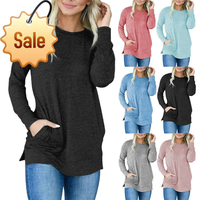 

2021 New Street Hipster Style Mid-Length Women's Blouse With Pockets Solid Color Loose Round Neck Pullover Long Sleeve T-Shirt