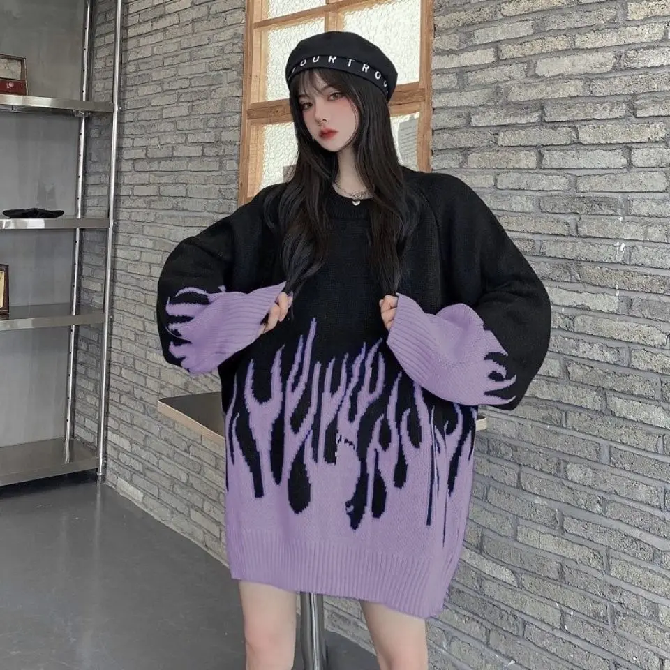 

2021 spring new round neck loose sweater female flame jacquard sweater color matching loose ins net red hot selling sweater A077