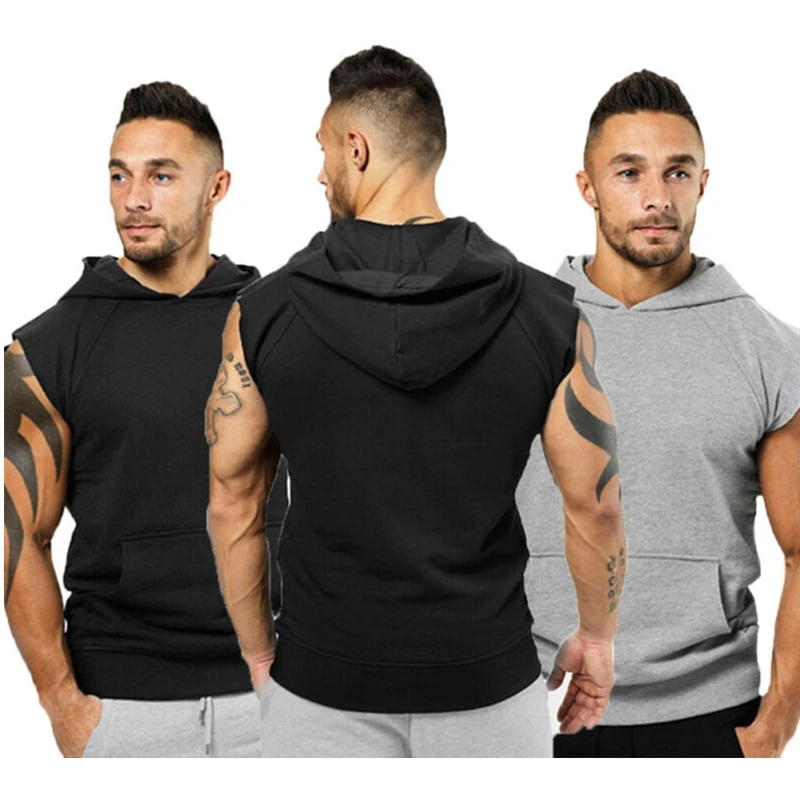 

Men Cotton Sleeveless Hoodie Bodybuilding Workout Tank Tops Muscle Fitness Shirts Male Jackets Top