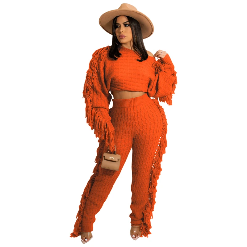 

2022 Winter Knitted Outfit 2-piece Set Tassel Long Sleeve Top and Pant Sets Streetwear Set Suit Wholesale Bulk Dropshipping