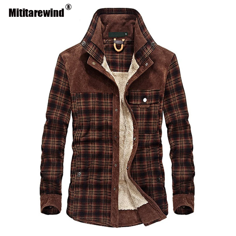Осень зима клетчатая рубашка мужская повседневная 100% хлопок и шерсть подкладка