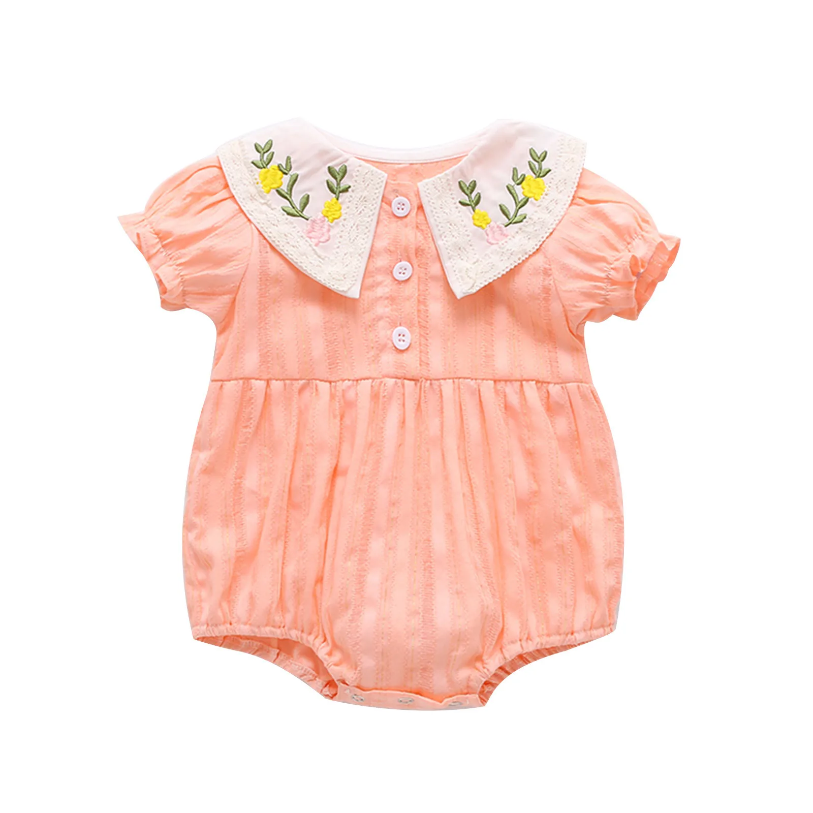 

Newborn Baby Girls Short-Sleeved Doll Collar Floral Frill Multicolor Button Jumpsuit Small Fresh Casual Romper Wrap Fart Clothes