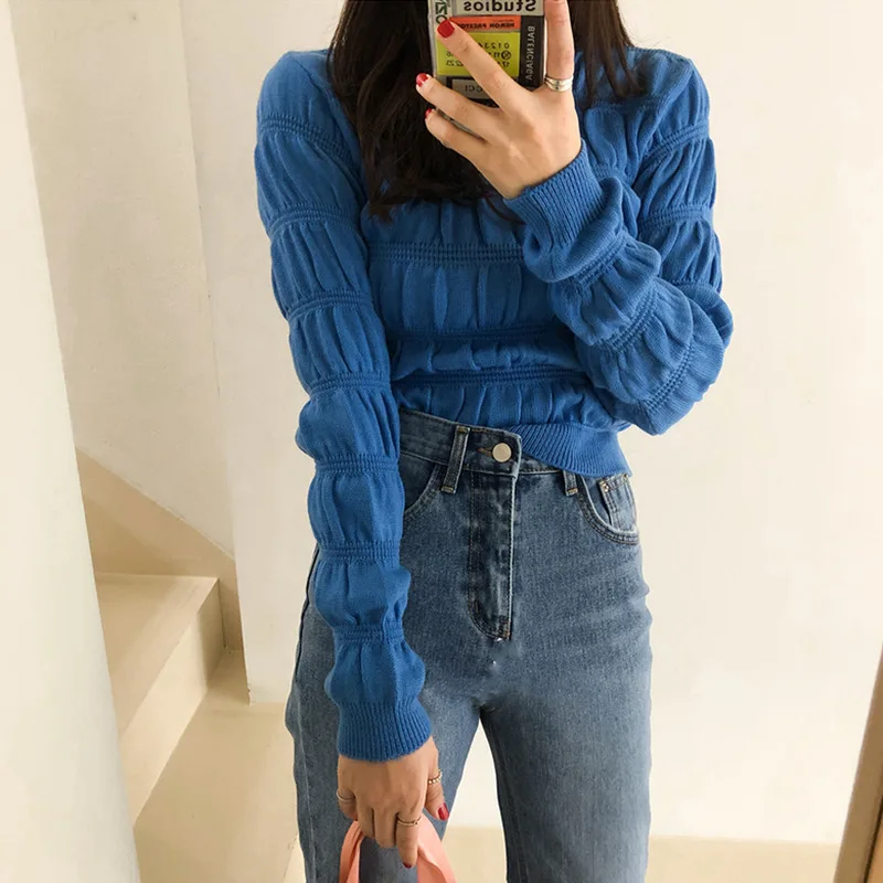 GALCAUR Vintage Ruched Knitted Sweater Female O Neck Long Sleeve Oversize Slim Pullover Womens Sweaters Clothes 2020 Fashion New | Женская