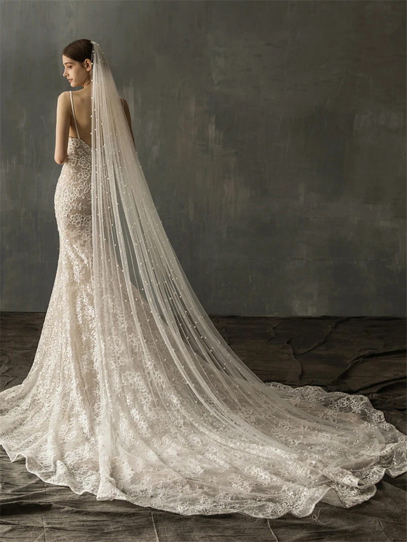 

Pearls White Ivory Long Bridal Veil With Comb One Layer Cathedral Wedding Veil with Pearls Velos de Noiva Crystal Beads 3Meters