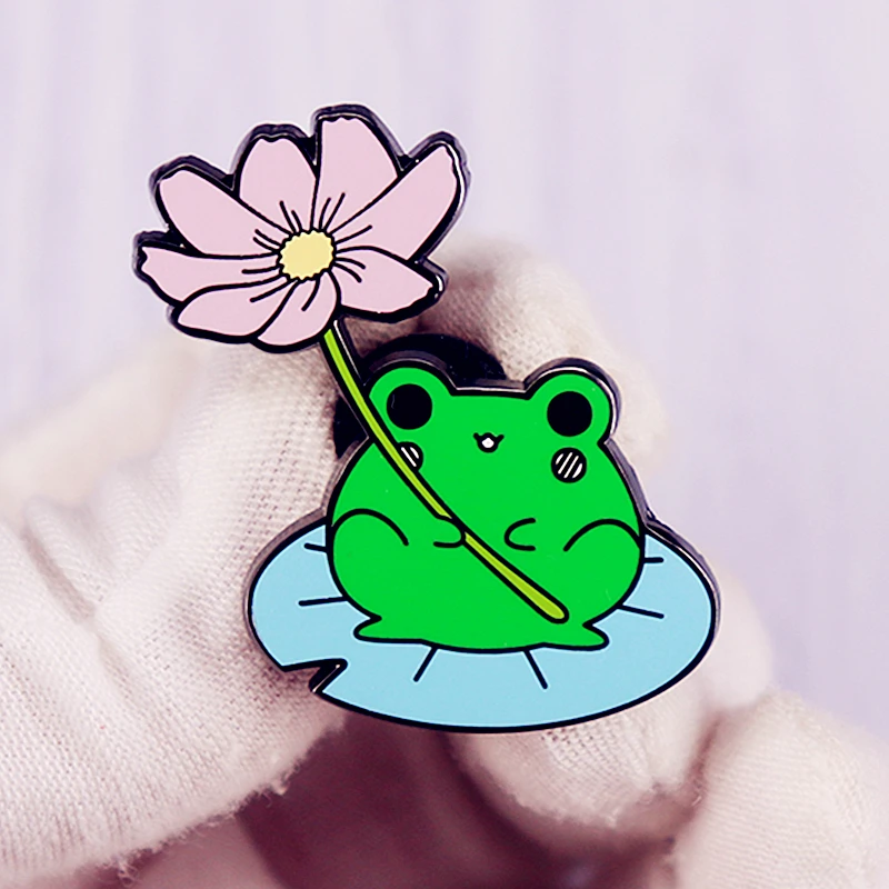 Kawaii Мультфильм забавная лягушка Лотос цветок эмаль брошь булавка воротник