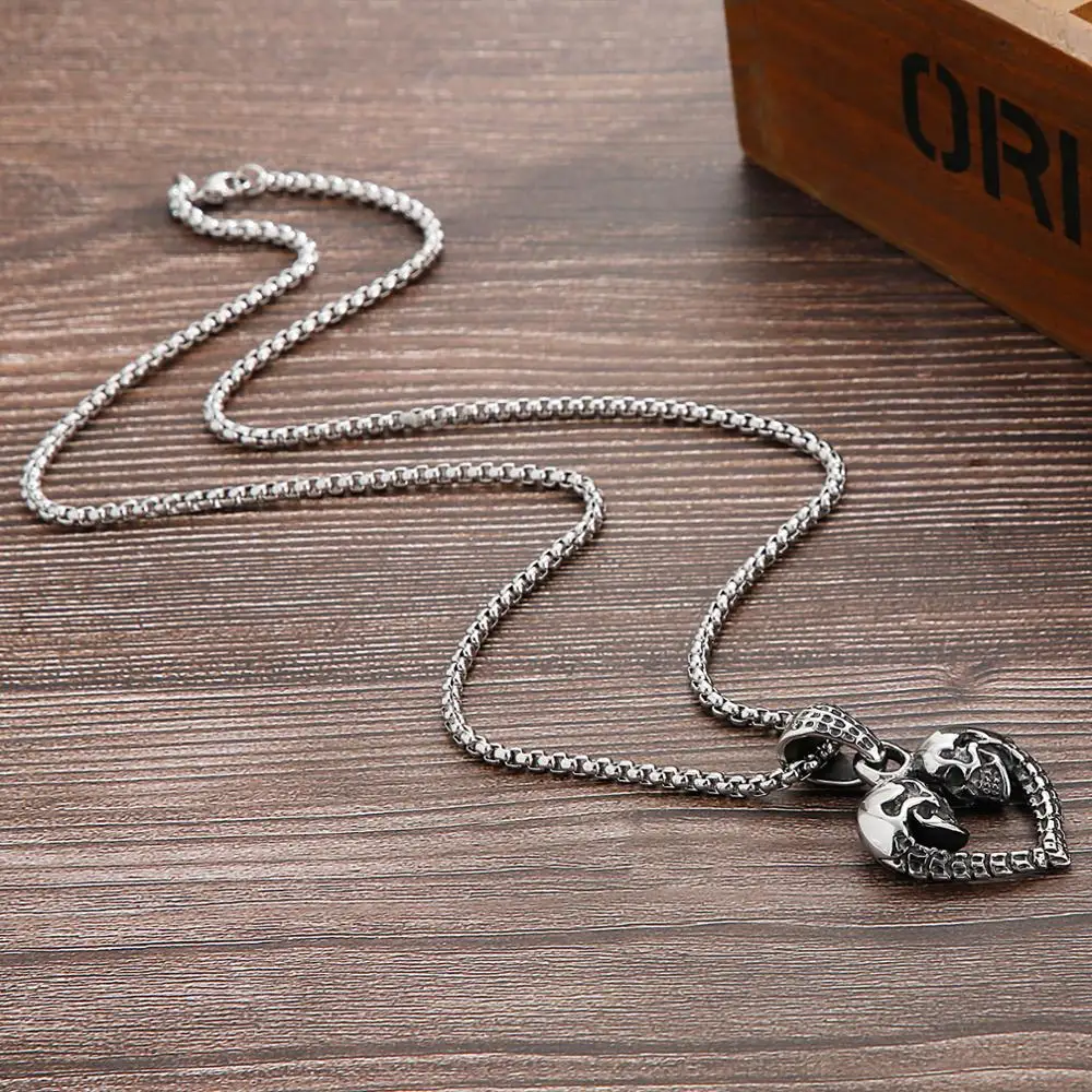

30/40mm Gold/Silver Color Goth Heart Skull Pendant Necklace For Men Stainless Steel 316L 2020 Halloween Couple Friend's Gift