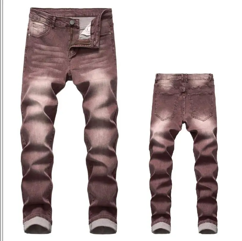 Мужские джинсы со складками коричневые облегающие эластичные брюки из денима