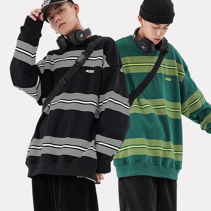 

Crewneck Sweatshirt 2021 Autumn Men's Clothes Stripe Round Neck Lovers Clothes Teens Korean Fashion Baggy Pullover Vintage TOPs