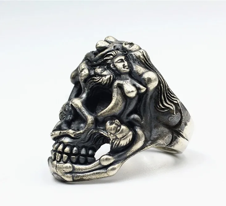 

Beauty and Skull Ring 925 Sterling Silver Handmade Rock Hip Hop Punk Man Index Finger Ring