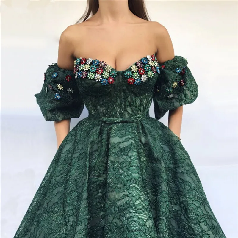 

Green Muslim Evening Dresses Ball Gown Off The Shoulder Lace Beaded Dubai Saudi Arabic Long Evening Gown Prom Dress